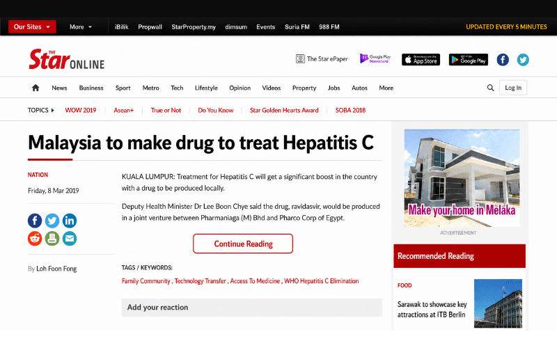 Kuala Lumpur: Treatment for Hepatitis C will get a significant boost with a drug to be produced locally