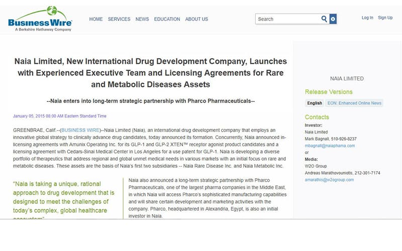 Naia Limited, new international drug development company, launches with experienced executive team and licensing agreements for rare and metabolic diseases assets